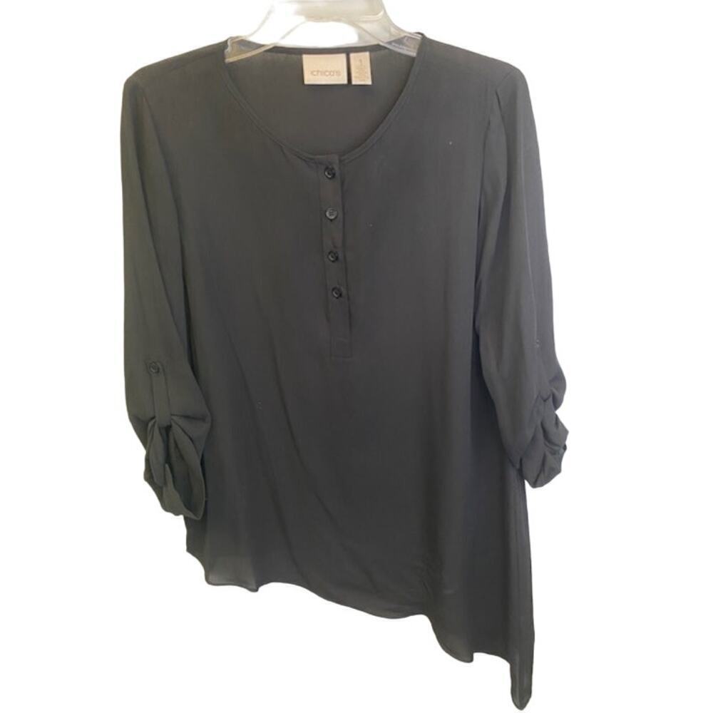 Chico's Black Sheer Blouse 1/4 Button Front Roll tab sleeves Sz 1 (US Med) Petit